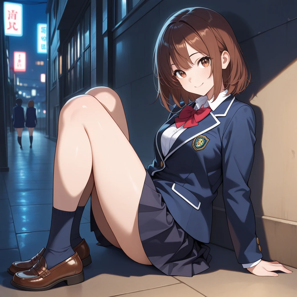 (Masterpiece, top quality, high resolution, realistic photo, realistic looking skin:1.1),
(The woman is hiding in the shadows in a business district at night:1.5),
(She is mensch and expressionless: 1.5),
(She is wearing a high blazer and a mini-skirt: 1.8),
(She wears baggy socks: 1.8),
(She is wearing black loafers: 1.8),
(Her skirt is so short you can almost see her panties: 1.5),
(She has medium brown hair: 1.5),
(Location: business district at night: 1.5),
1 Japanese girl, solo, full bodied esbian, beautiful eyes, glowing eyes, glowing thighs, NSFW