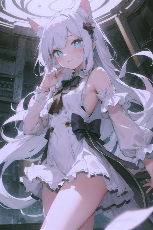 ((4ｋ、8ｋ、top-quality、Perfect Finger：1.Elfect Anatomy：1.3、Blur the background))、Rabbit ears、cute petit girl、((Beautiful patterned kimono maid leotard、sixteen years old、a beautiful slender girl、a baby face、Straight long hair))、(Beautiful big drooping eyes)、closed eyes smile、Full Body Display、(Soio)、knee high socks,Japanese-style coffee shop