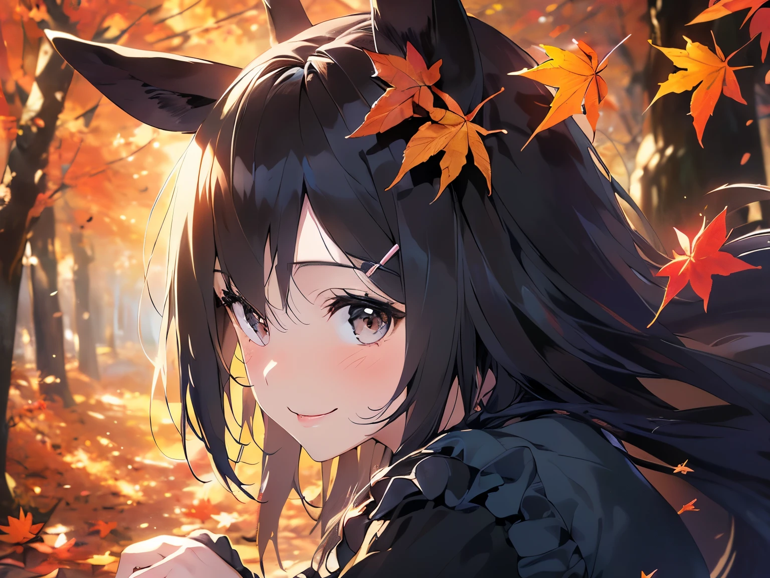 (Solo: 1.5), (Young human girl: 1.5), (Cute horse ears: 1.9), (Horse tail: 1.9), (Round face: 1.9), (Big breasts), (Looking at camera), (Smiling sweetly: 1.5), (Hair blowing in the wind), (Black frilly long sleeve dress: 1.9), (Black pantyhose), (Blushing), (Slouching: 1.5), (Dark background, autumn leaves, autumn forest, starry sky: 1.5), (Strong wind), (Accurate human anatomy: 1.5), (Animated illustration: 1.5), (Excellent, high quality, high resolution), (Upper body close-up: 1.5)