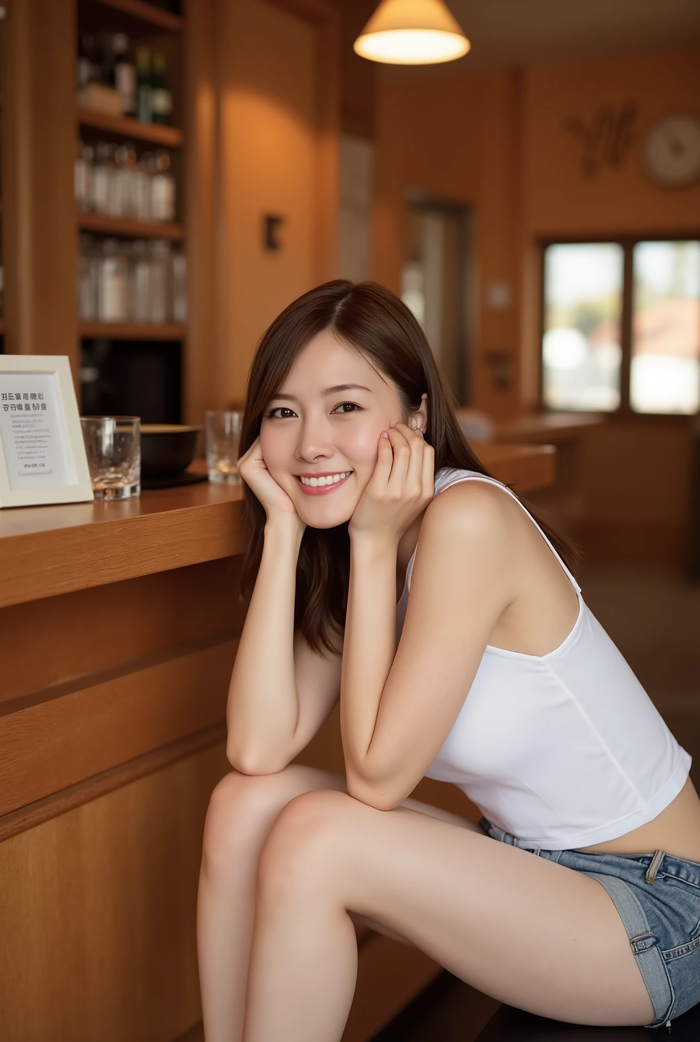 ((top quality)), ((傑top quality、masterpiece、high sensitivity、nothing、detailed description、Delicate Face Description)) Slender Woman、glass、happy smile、 shorts 、place your chin in your hands、 on the bar counter 、