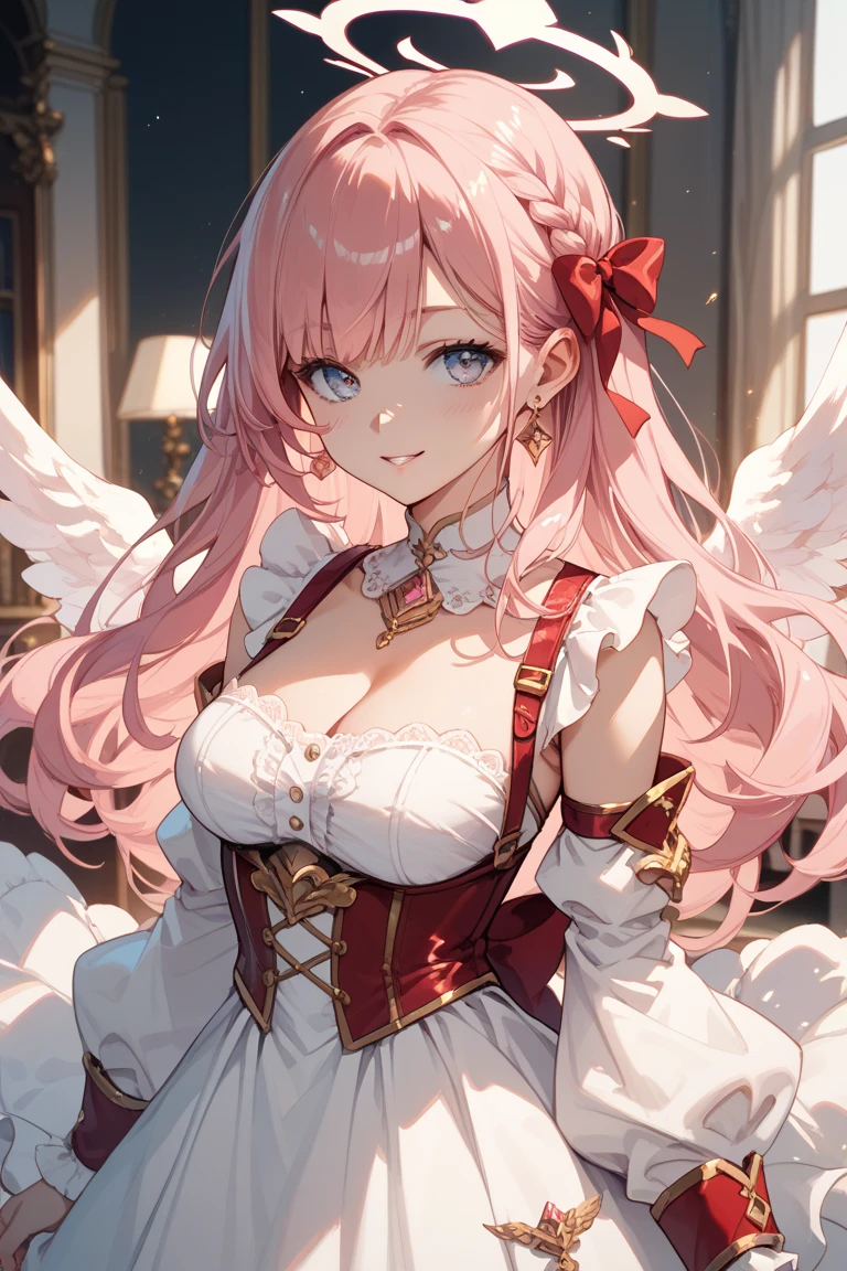 1 woman、爆乳、cleavage of the breast、Pale pink hair studded with stars、Long Lace Bale、Lolita clothes with lots of frills and ribbons、angel wings encrusted with jewels、A smile