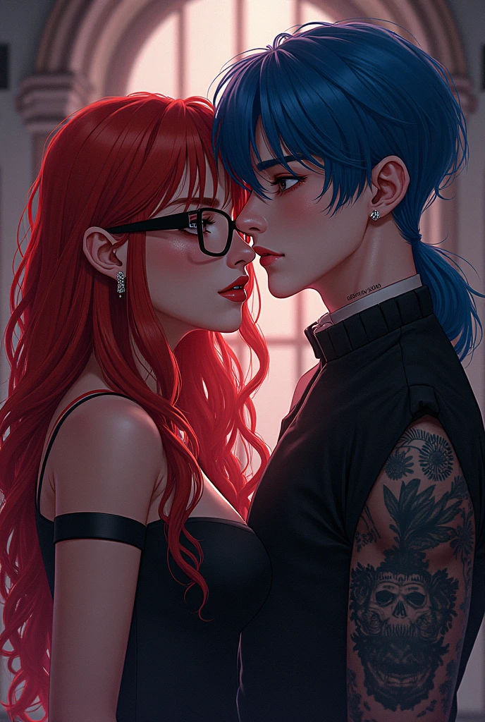 white boy with black hair and green eyes kissing tattoed ebony blue hair and glasses