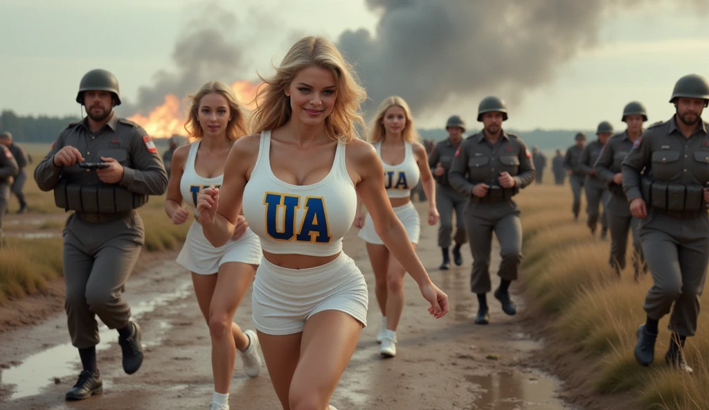 (((close up high definition))), six beautiful school age ((pale)) Bosnian girls, staring at the viewer, burning buildings, smoke, wearing torn shredded v neck t-shirts, sitting at a bus station in Scotland, raining, wearing army jackets, tan pantyhose, cloudy skies, burning buildings, huge DD breasts, cleavage