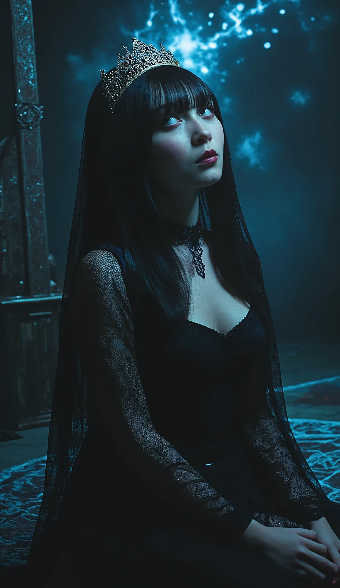 (((The Dark Throne in the Dark Castle:2.0))),((Night sky with constellations:2.0)),(((Dark horror atmosphere with a gothic feel:2.0))),(((Hold a large, shiny copper sword above your head:2.0))),sit with open knees,((seiza:2.0)),looks up at the night sky,One female ghost,((super cute face:2.0)),(Beautiful well-balanced face :2.0),((long hair with bangs:2.0)),(black hair:1.5),(beautiful eyes:1.5),glamorous shot of a 20-year-old Japanese woman, Slender Beautiful Body ,((model body type:2.0)),((slim body:1.7)),perfect body line,Ideal Proportions,((big on the floor:2.0)),((スリーサイズ90-58-86:2.0)),((G cup breasts:2.0)), popup,((((Underboob:2.0)))),Bare thighs,Sensual Thighs,delicate body,(Glutinous Flesh:1.7),harmonious posture,((Realistic breast depiction :1.7)),Carefully Depicting Limbs Based on Perfect Anatomy,((super high-leg leotard in the style of the king of darkness with a copper sword:2.0)),((super high-leg leotard with a beautiful, shiny copper sword:2.0)),((Hi-leg leotard with a large shiny copper sword:2.0)),(Black lipstick:2.0),((Wear a black lace short veil over your head:2.0)),((((Coarse mesh fishnet stockings:2.0)))),(((Copper crown:2.0))),Concept Art,(top quality:2.0),(masterpiece:2.0),((超high definition:2.0)),high definition,UHD,(Delicate Description), carefully drawn with butterfly wings ,32k,((realistic skin texture:1.5)),(((ultra-realistic:1.5))),carefully draw eyelashes,very detailed face,Highly detailed female hand, Sexy appearance ,very sensual,(Blurry Dim Backgrounds :1.5),professional photo shoot,(movie light:2.0),((Rembrandt-style lights:2.0)