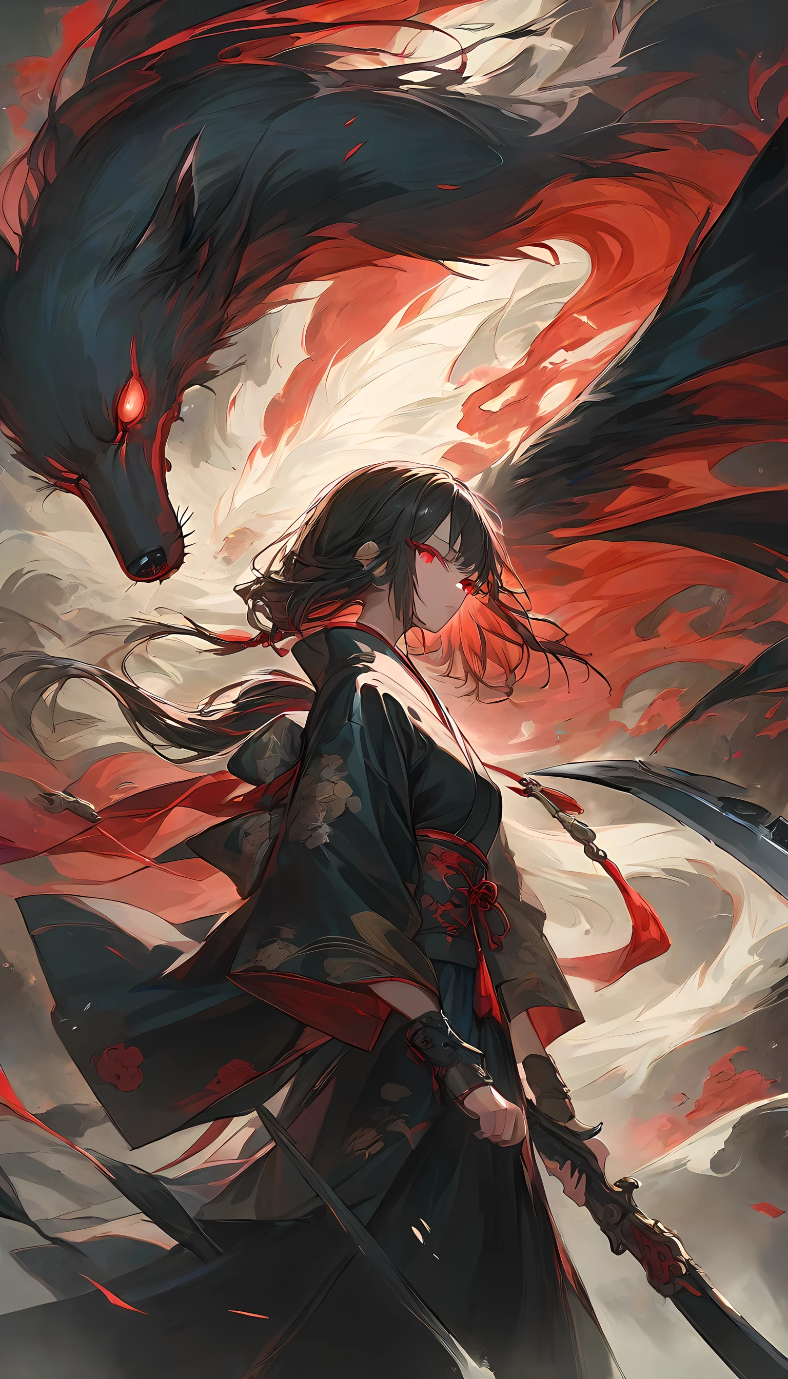Action Scenes、(A woman fighting countless monsters),((masterpiece,Highest quality:1.3,best quality illustration)), 独奏,1woman,(Mature Japan beauties)、black hair,(low ponytail hair style),long hair,blunt bangs,black eyes,gorgeous eyes,((very small head:1.3)),blush,Serious expression,((very long body:1.2)),medium breasts,(tan skin), (gleaming skin,toned body,slender body, skinny),(Female Ninja Costume、A simple, patternless black kimono、Black Hakama,Holding a precisely rendered Japanese sword),fly、rooftop of high-rise building、Moonlit Night、Tokyo、