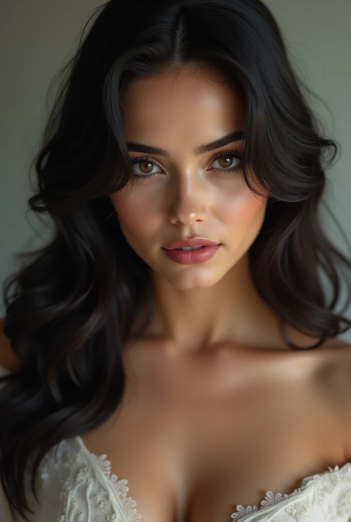 (Highest quality、Highest quality、8k resolution、masterpiece、Professional photography、Award-winning works)、(mature beautiful caucasian woman:1.1)、(The most romantic bedroom night ever 1.1)、(Strongly blurred background:1.1)、The most romantic, sultry and moody atmosphere、(The perfect body:1.2)、(maximally revealing:1.3)、(Voluptuous body:1.3)、Standing Elegantly、Voluptuous body、(long wild black lightly curled hair:1.1)、(dreaming, glazy brown eyes:1.2)、A seductive look staring at me、(natural perfect Breasts, dark aureolas and nipples:1.3)、Perfect Makeup、full, lightly parteď beautiful lips、Elegant eyeshadow、Long eyelashes、Ultra-high resolution glossy skin、(Accurate anatomy:1.1)、(lightly opened lips:1.2)、(Face close-up:1.2), narrow midriff, feminine hips, hourglass bodyshape,