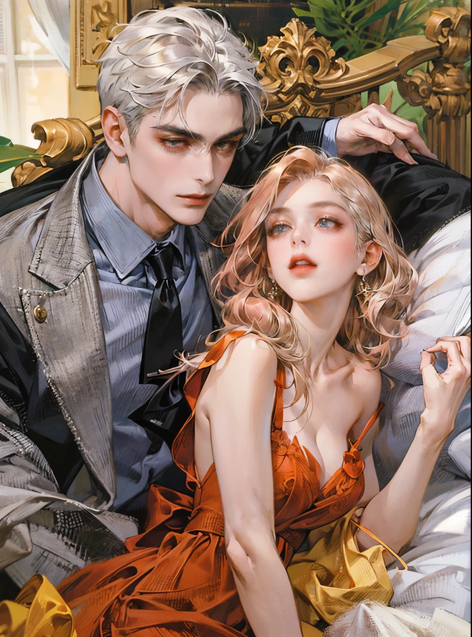 Woman and man sitting on a sofa wearing elegant clothes, realistic. 