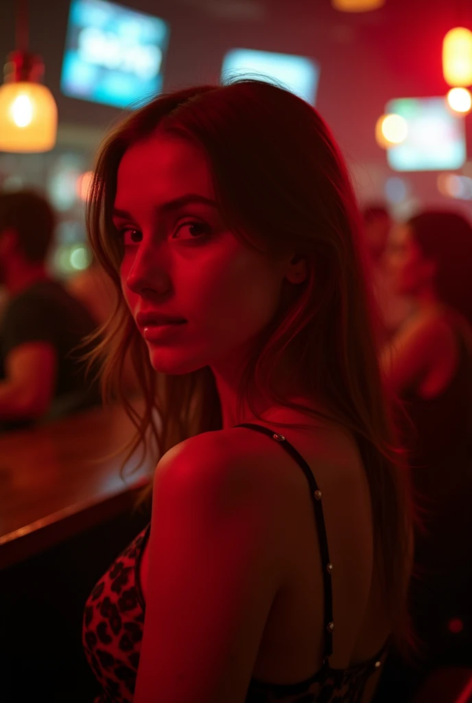 night photo, smiling shyly, in party bar, photo of 18 y.o cute slim Russian woman, bokeh, elegant black dress, motion blur