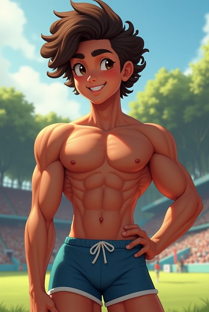 13 yo guy with slightly strong body and nice hair cut with sharp jaw line and he is clutching his biceps. people look at him as he shows his body