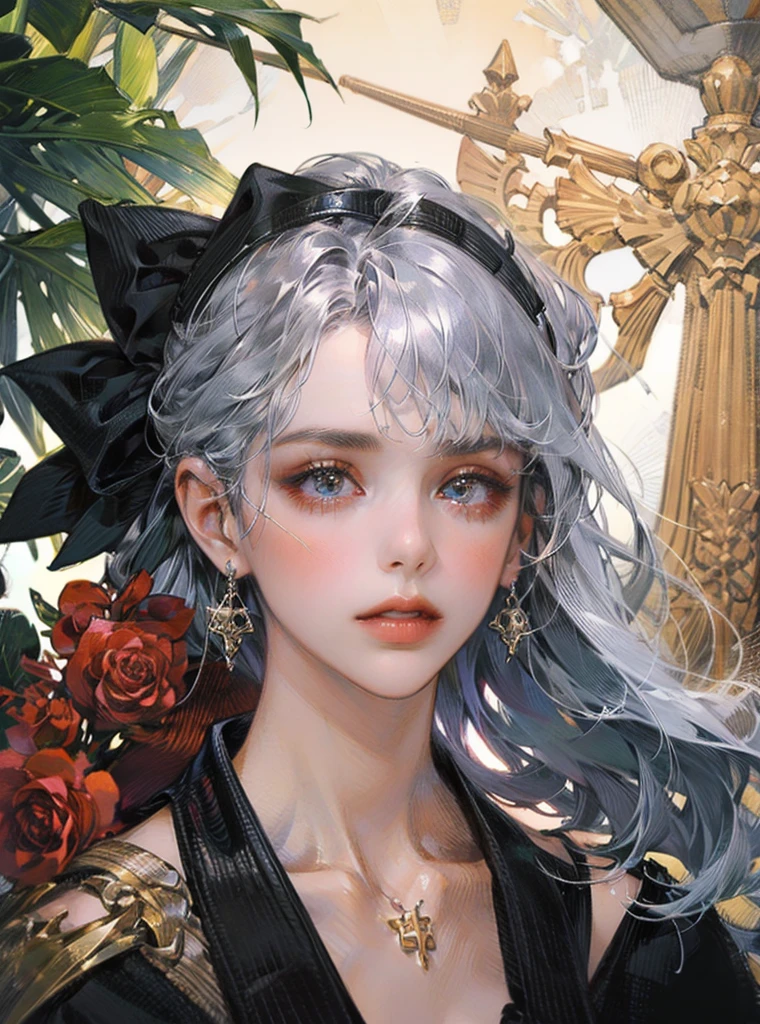 Blonde Girl,White hair,Red rose,necklace, Gu Weiss on pixiv artstation, Gu Weiss, Gu Weiss on artstation pixiv, artwork in the style of Gu Weiss, Gu Weiss masterpiece, Popular on artstation pixiv, Anime Art Wallpaper 4K, Anime Art Wallpaper 4K, Detailed digital anime,Beautiful and charming water blue eyes
