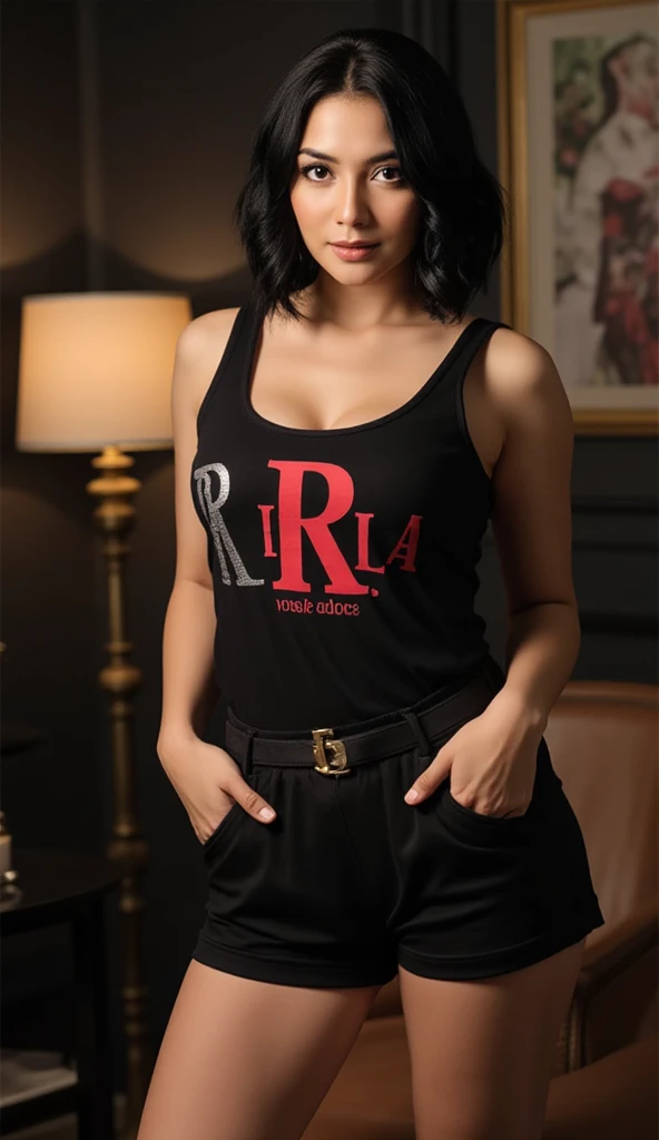 Create a full-size, hyperrealistic image of a beautiful and attractive Indian girl. She should have long, flowing black hair, expressive dark eyes, and a radiant smile. Dress her in a stylish, fitted T-shirt that accentuates her figure, in a vibrant color such as red or turquoise, with subtle, elegant designs or patterns. Pair the T-shirt with well-fitted jeans or a chic skirt that complements her look. The background should be softly lit, evoking a contemporary, chic atmosphere, with elements like a sleek urban setting or a trendy indoor space. The image should capture her from head to toe, showcasing her full outfit and confident, alluring pose, with a touch of glamour and elegance.