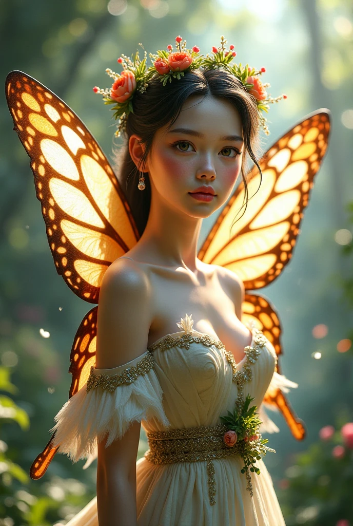 1girl, (beautiful detailed realistic human female face: 1.2), long flowing hair, gorgeous eyes, beautiful detailed lips, healthy glowing smooth skin, detailed feminine features, relaxed expression, no visible body imperfections, abstract colorful butterfly wings, surrounded by delicate flowers, appearing at peace in nature, vivid pleasant natural light, illustrated artwork