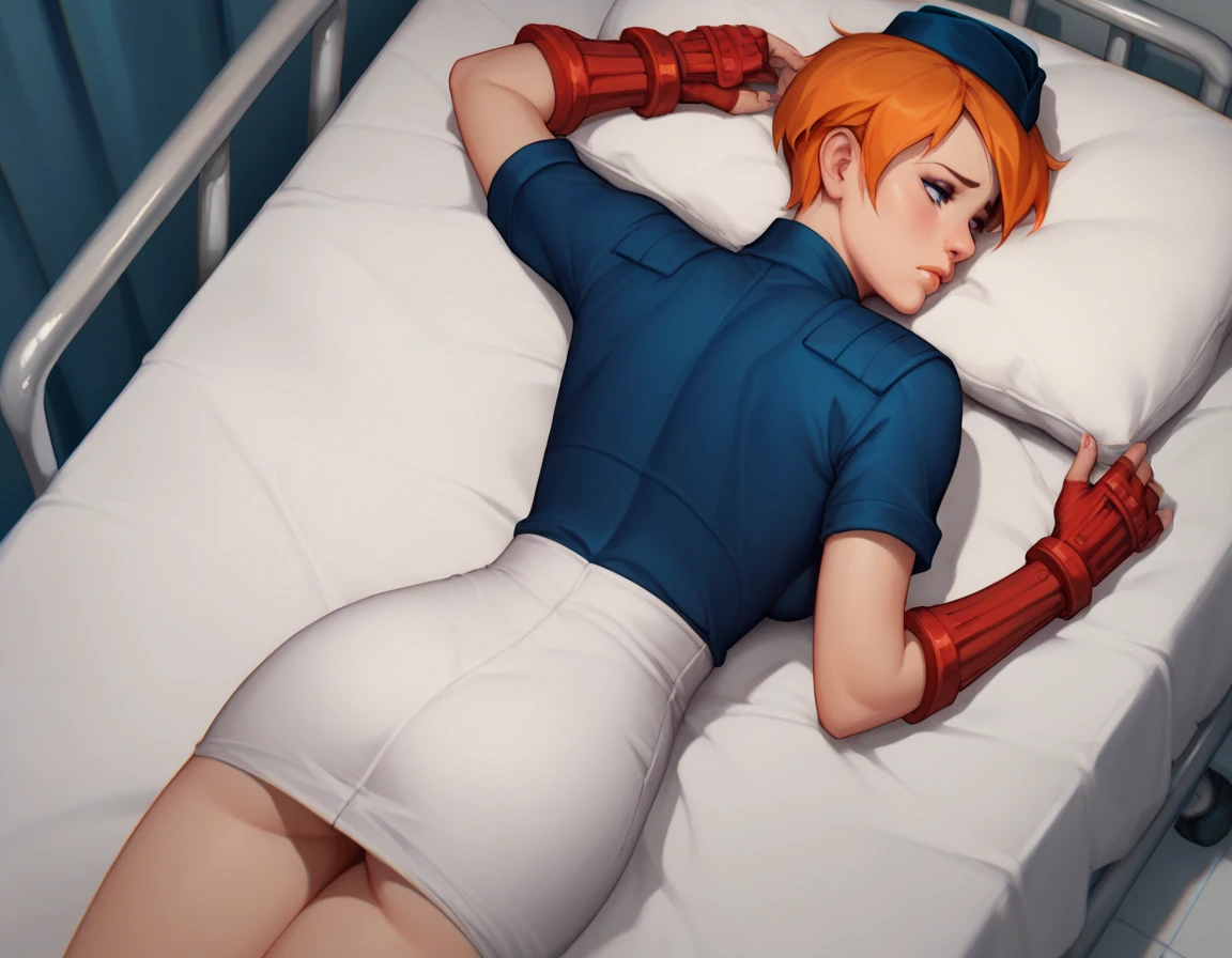 ((Masterpiece)), (Very detailed)), ((Best quality)), ((8k wallpaper)),muscular female,glamorous,childbirth delivery table,birthing table,delivery table,spread legs,operating room,nurse, forehead, half updo, red hair,nurse cap,speculum,red leotard,nurse uniform,white skirt, white uniform, makeup, lipstick,sweating profusely, angry,shouting, screaming, nose blush, pee,wet,peeing,arched back, on back,tsurime,barefoot,bare legs,spread legs, outstretched legs,