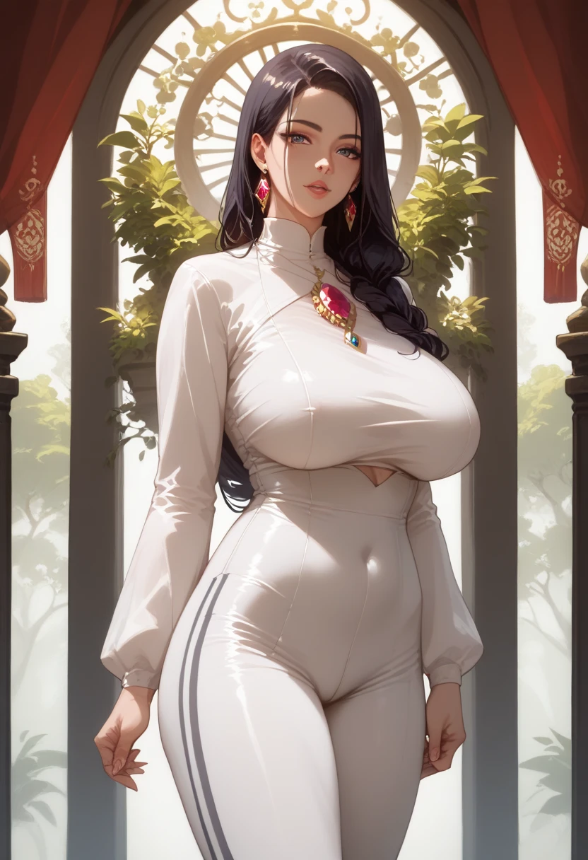 Kareena Kapoor face, Realistic face, Indian model, beautiful face, light green eyes, fat lips, long black hair, tight shirt and white leggings, big round breasts, tight bust, deep cleavage, deep navel, fair skin, wide hips, cameltoe, big round ass, MILF BODY, Sakura tree in background, night, sexualize