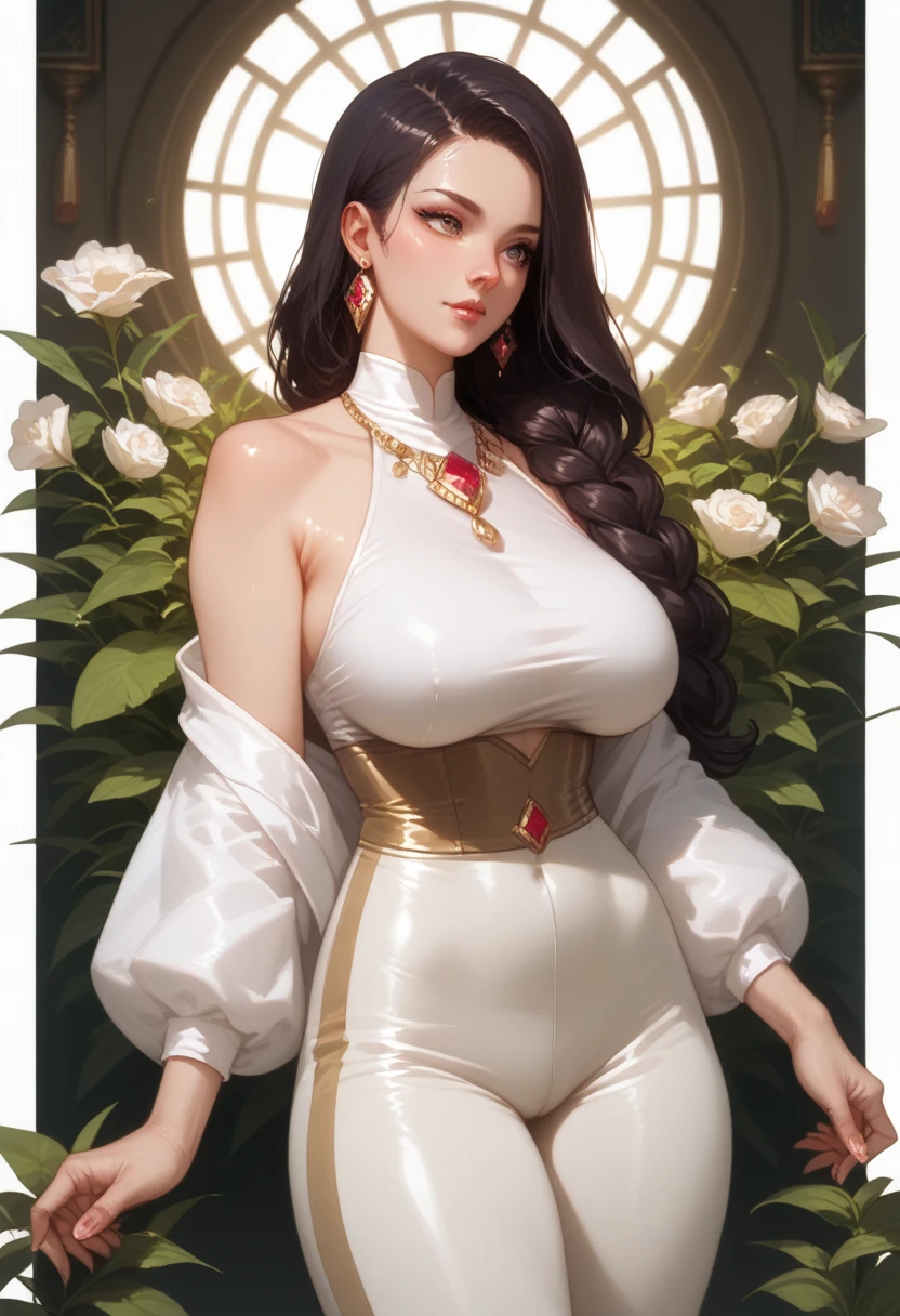 (masterpiece, best quality, perfect hourglass figure, wide waist, blush), busty, portrait, perfect face, flawless eyes, empty gradient background, beautiful lips, full lips, <lora:add_detail:-0.2>, (arms behind back), perfect waist, cowboy shot, perfect hips, <lora:sanpaku-eyes-v2:0.8> , sanpaku, round pupils, yellow eyes, <lora:Dskin_v1.0:0.2> , dark skin, brown skin, huge breasts, saggy breasts, <lora:concave:0.8> , concave bangs,redhead woman, <lora:edgFanBingBing_MINI:1> , edgfbb, wearing edgfbb fashion, white fashion dress, hips cutout, underboob, spike tiara, gold-embroided, red eyeliner