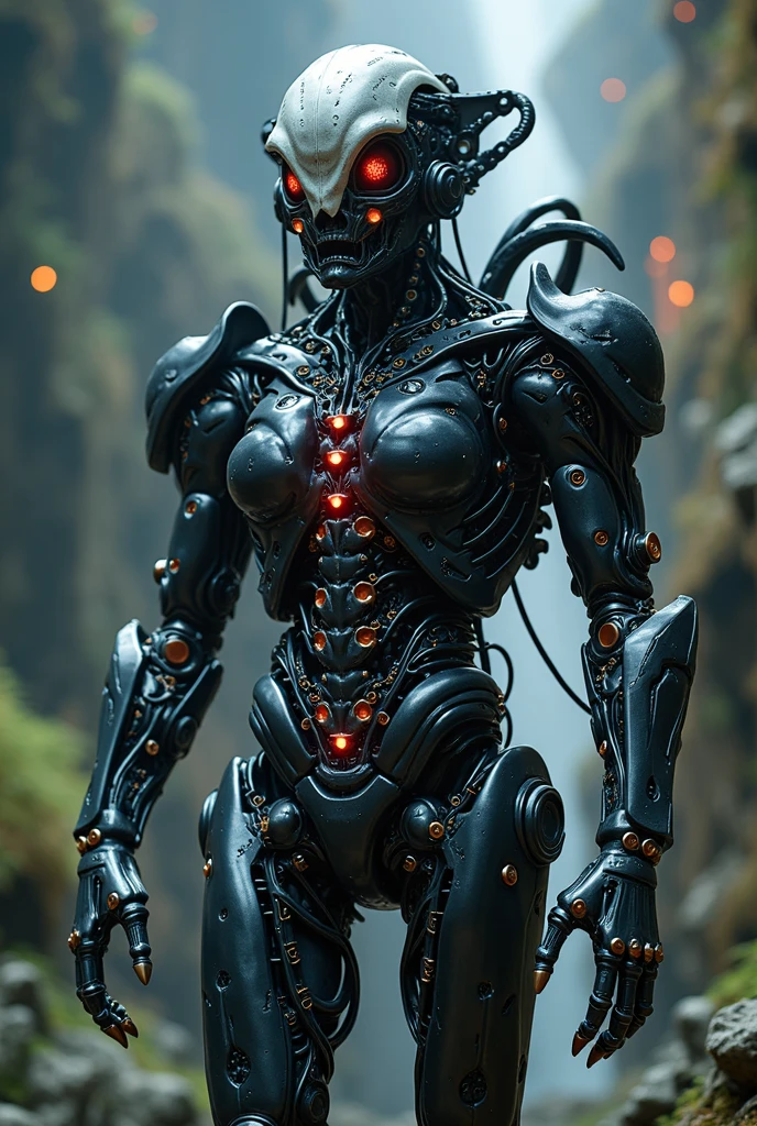 "Generate an image of an anime cyborg with black armor and high-tech parts, including hoses and cables. The cyborg should have a futuristic and detailed appearance, with elements of mechanics and technology integrated into its body. The armor should be black and shiny, with lights and details that highlight the advanced technology. The background should be dark or abstract to focus attention on the cyborg."