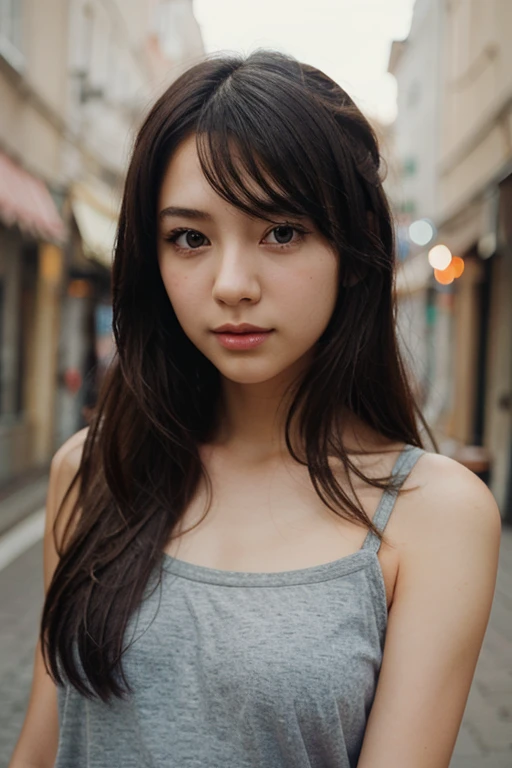 （（best qualtiy，8k，tmasterpiece：1.3））， 1girll， ssmile， full bodyesbian， Slim Faces， Beautiful woman， （dark brown  hair），Fall  ：1.1， Super detailed face， Detailed eyes， 二重まぶた， blur backgroun， Slim Faces， 城市， do lado de fora， the street，