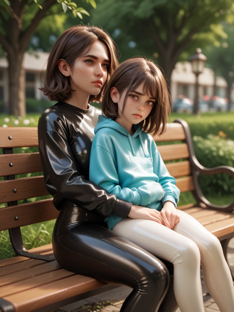 Mother and young daughter sitting on the bench in the park, in ...