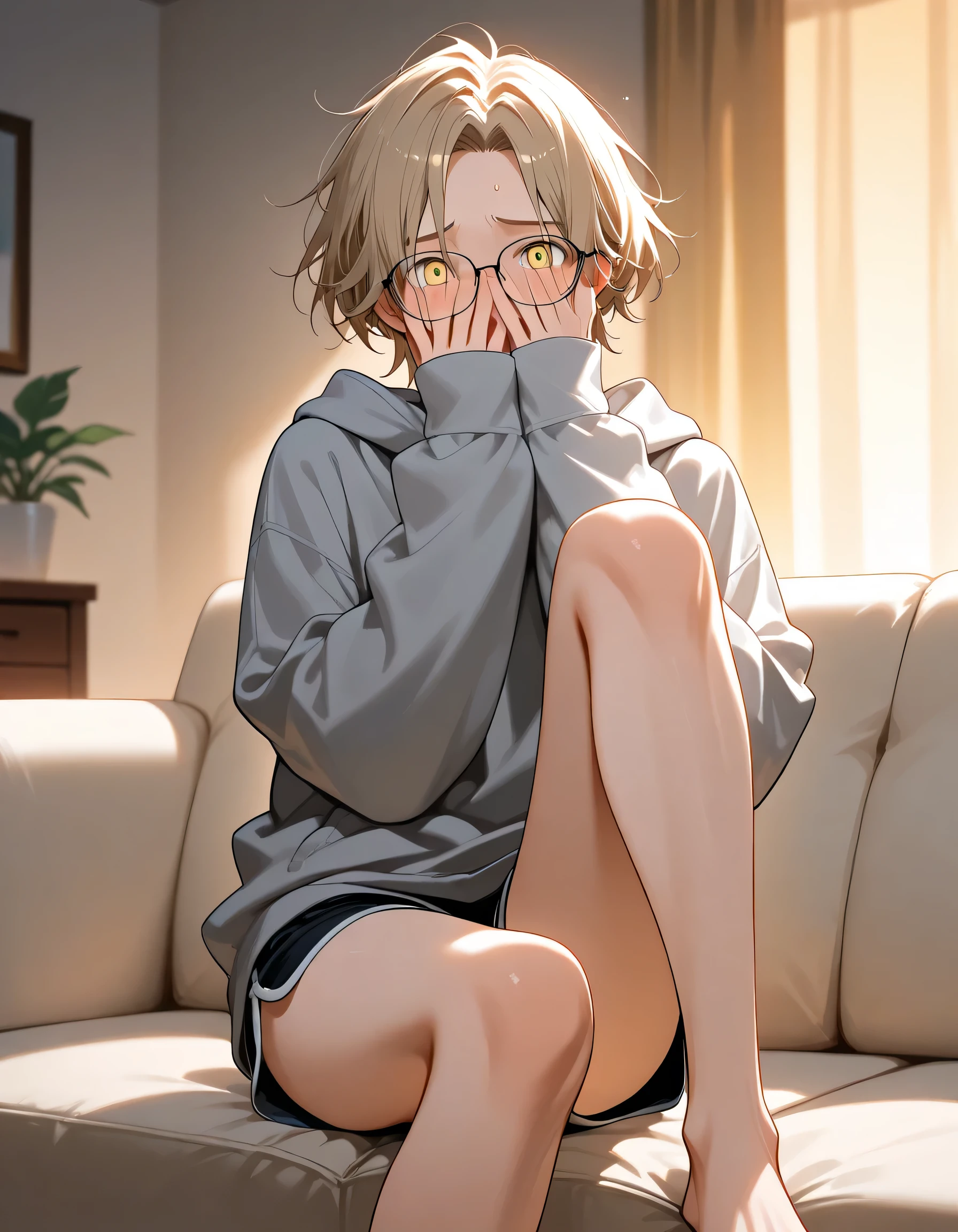 Blind boy in blue sweater wearing glasses sitting in the park at night without much light in the area below with his legs open while yawning 