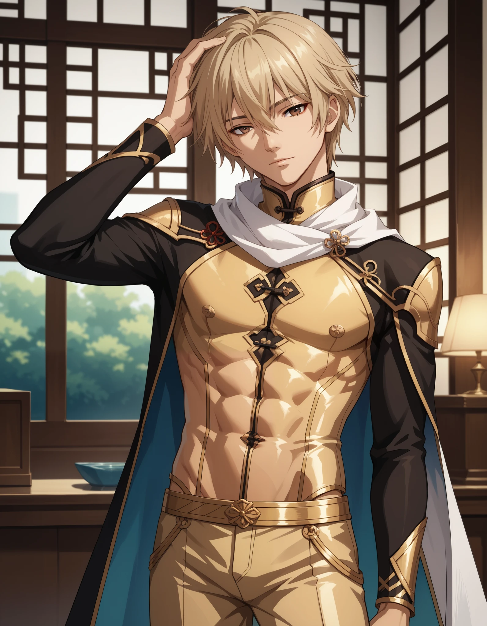 score_9, score_8_up, score_7_up, source_anime, 1boy, slim, bishounen, hand in head, male focus, solo, sensisono, light blonde hair, brown eyes, hair between eyes, short hair, white scarf, bangs, chinese clothes, turtleneck, shirt, intricate clothing, fantasy style, embroidery, white and gold clothing, pants, closed mouth, head tilt, indoors, cowboy shot