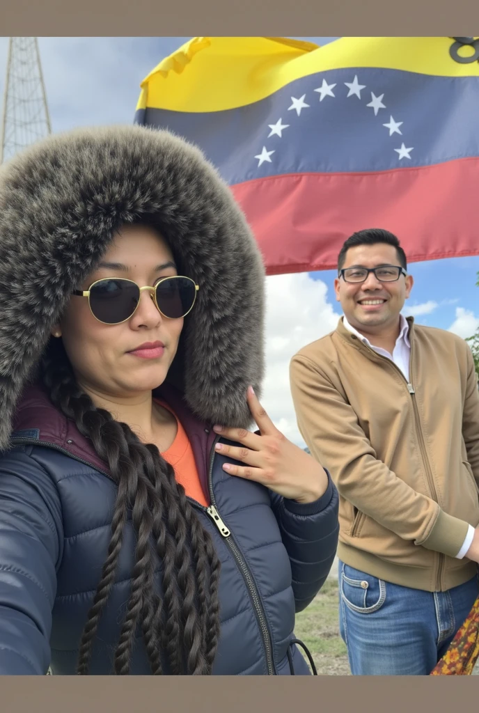 There are two people in front of a fence with flags, com um parceiro cientista de pele preta do sexo masculino, a beautiful woman pale skin,  ruiva, delicada, Directed by: Nandor Soldier, lindo dia ensolarado, foto de perfil 1024px, vacation photo, Lisboa, ao lado do castelo real!!!, by Almada Negreiros, em uma cidade distopia steampunk,