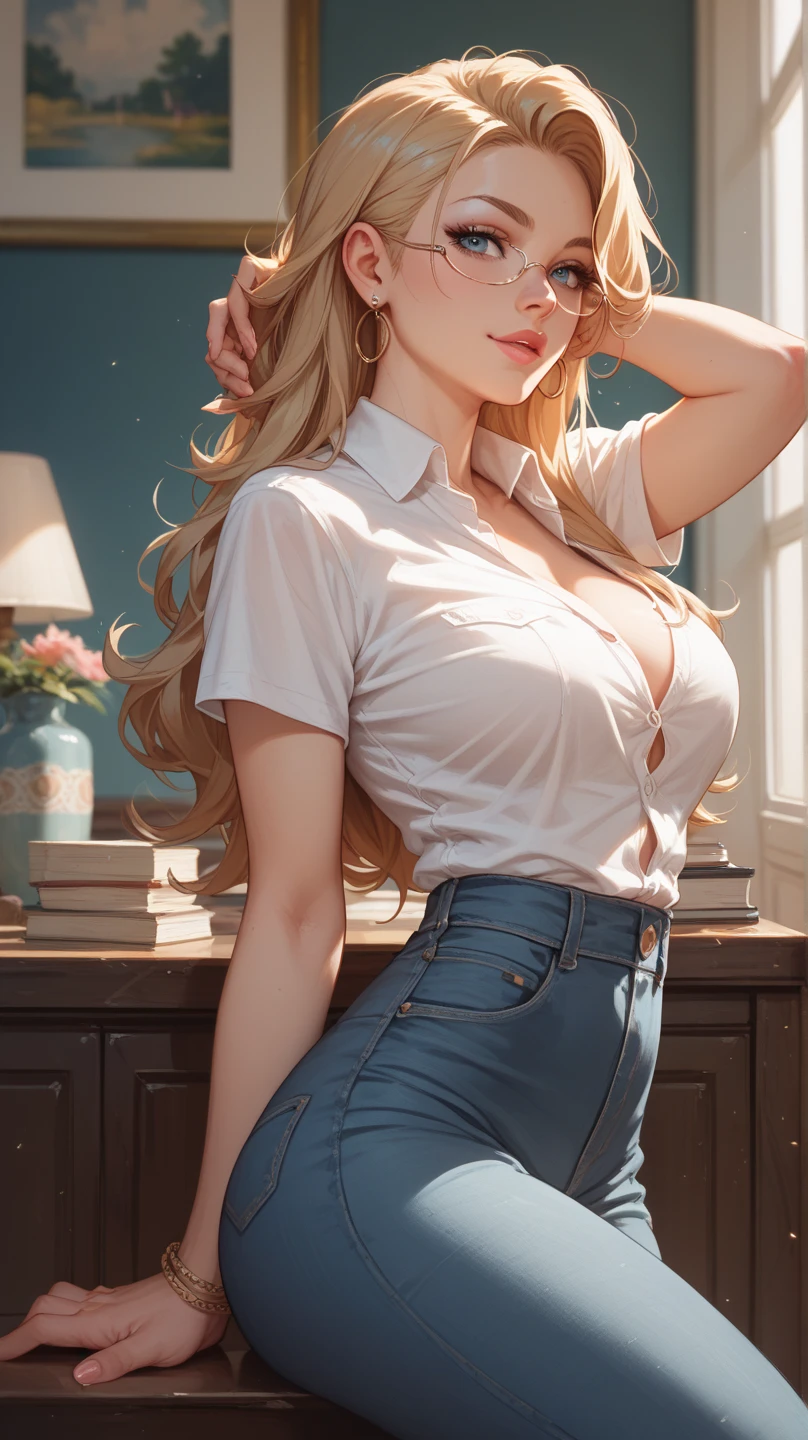 (score_9,score_8_up,score_7_up),1woman,solo,source_anime,mature,big sister,middle age,blonde hair,green eyes,wide hips, large breasts,looking at viewer, Painting, white old shirt, blue ripped jeans, studio