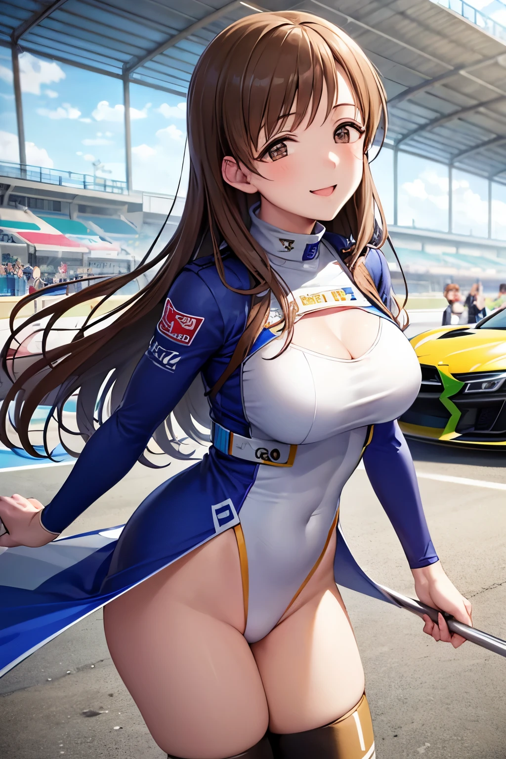 (masterpiece:1.2), (best quality:1.2), (very aesthetic:1.2), (absurdres:1.2), (detailed background),newest,ai-generated, (((solo))), Masterpiece,(share),Open your legs towards the viewer,One cute girl, Highest quality,High resolution,High resolution,Highly detailed CG,8K Unit Wallpaper,25 years old,Beautiful attention to detail,small Breasts,Bobcut,Biomechanical OPPAI,Grid girl posing on the circuit,No sleeve,,(Shiny body:1.3),Open your mouth, blush, Sweat,Embarrassed,sexy,(visible nipples:0.7),(camel toe:0.3),Dark Hair, competition swimsuit,,((sit)),