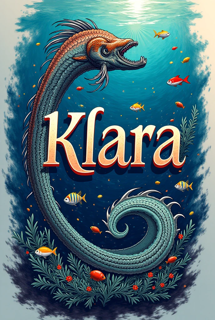 The name Iara decorated with something that refers to mermaids, to the bottom of the sea, and the Atlantic