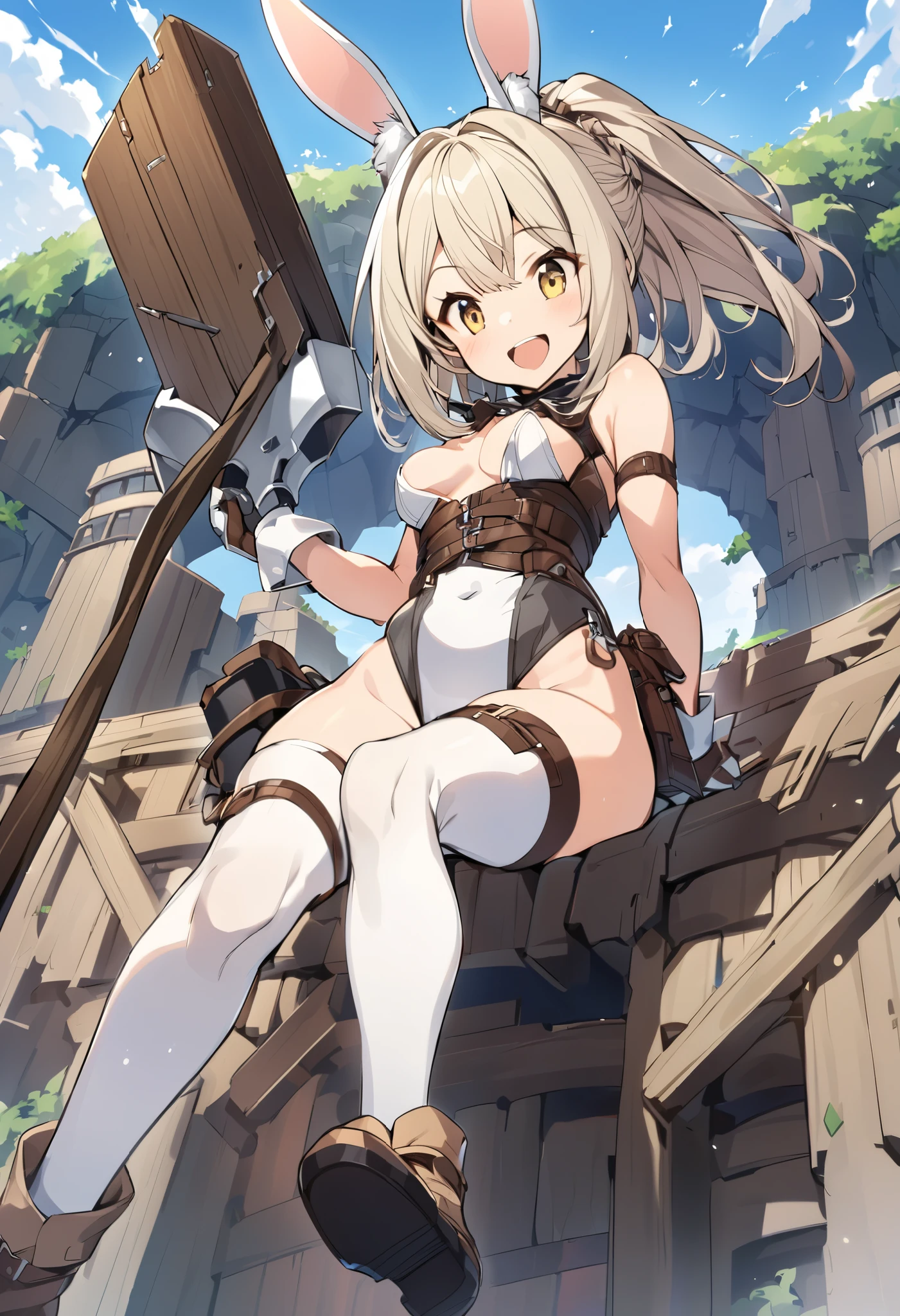 ,1young_teen_ girl,brown_hair,medium_bob_hair,platina_blond_hair,white_leotard,covered_crotch,thigh-highs,smile,standing,bluesky_landscape_background,slightly_spread_legs,happiness, short_gloves ,solo, r18, navel,relicbuster,short,boots,open_mouth,sitting,knees,bunny_ears,pov