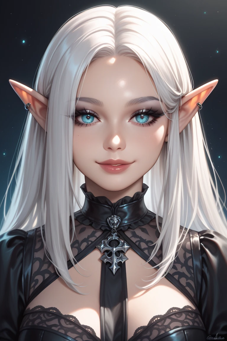 White elf girl, very long flowing hair, white eye color, small eyes, realistic human eye shape, round eye shape, eyeliner, realistic face shape. black lace low cut dress, portrait, wearing a black hood, black background, chest showing, NSFW, Depth of Field. looking at camera, dreamy look detailed eyes, detailed face, detailed skin, Ultra Detailed, Beautiful and Aesthetic, Masterpiece, Best Quality, shoulders showing. lace fabric, round chin shape. wearing black hood over hair.
