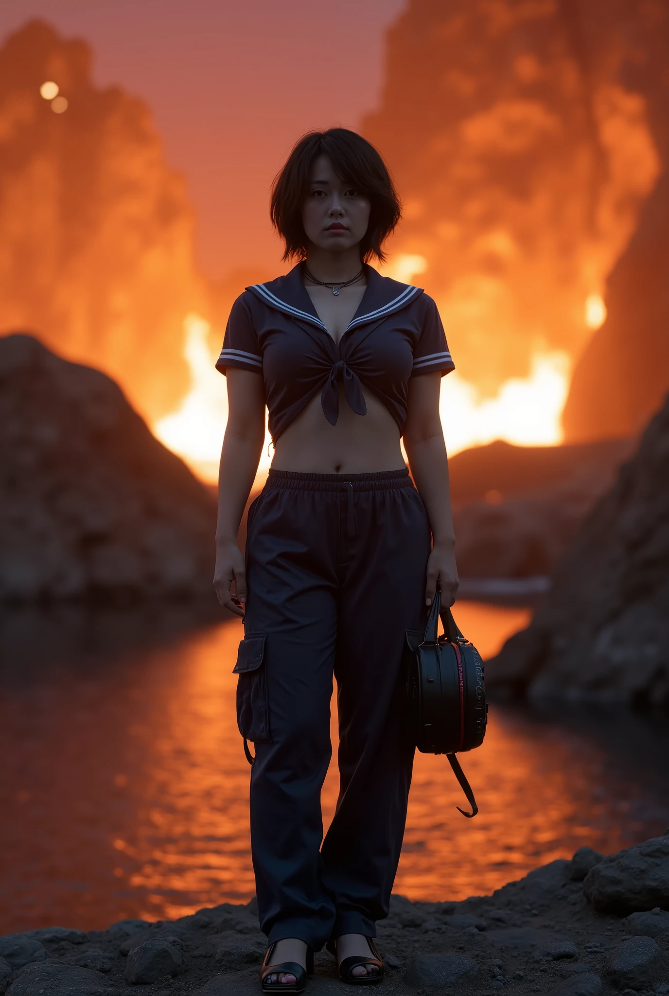 1 woman,Front Map,((full body shot)),standing,(best quality),masterpiece,(high res), 8k,RAW,ultra realistic, insanely detailed,camera from the front,golden ratio, perfect anatomy, (Ultra short hair), narrow waist, (perfect breasts,beautiful breasts),(wearing cropped navy sailor shirt),thick baggy pants,(high heels),(boombox1.3),((have a boombox in her hand)),Crater,magma,