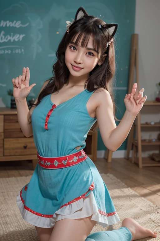 (best quality), (tabletop), ((beautiful:0.75) cute young woman:0.75), [clear and clean] Pixieve (illustration), (turtle ears/(Ragnarok/)), conjunctivitis, Flower-shaped pupils, have, long brown hair, smooth, twin tail, Chinese clothes, black shorts, wide arms, smile, Light blue dress, watch, smileให้ฉัน, kind, watchแล, beautiful
