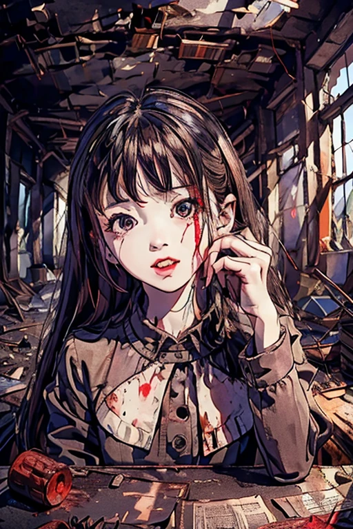 Highest quality、masterpiece、High sensitivity、High resolution、Detailed Description、Slender women、Teeth are fangs、Blood from the mouth、Red eyeball、In a classroom in ruins、