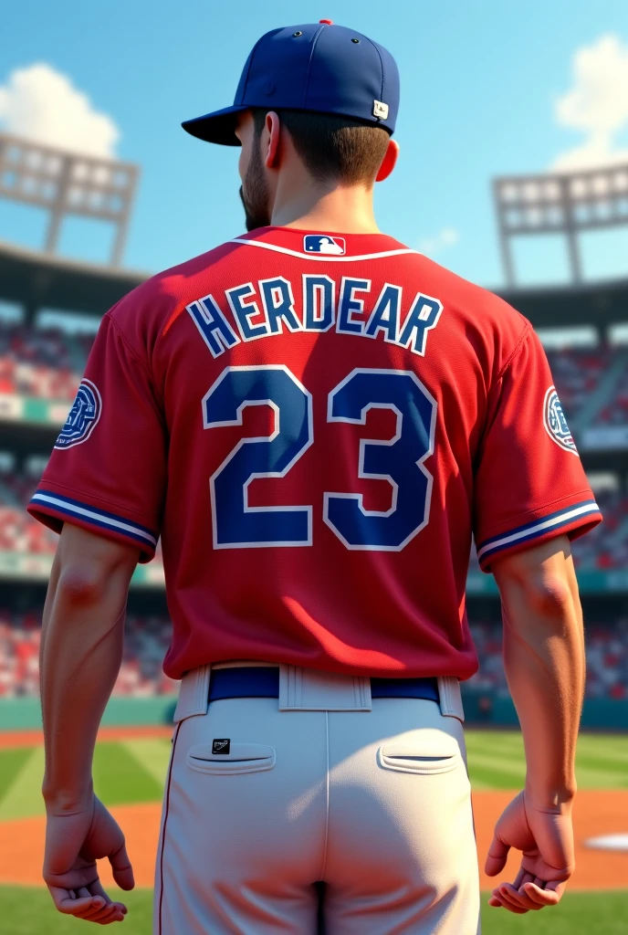 Image of Randy Arozarena from the back with the number 56 and the white, blue and pink Mexico jersey