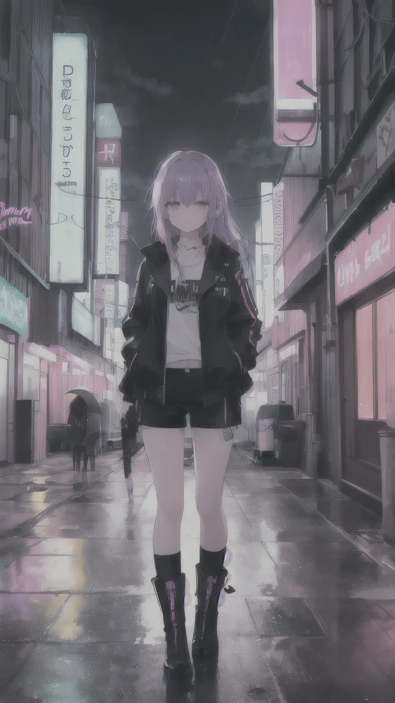 Masterpiece, Best Quality, Top Quality, Very Detailed, 1 girl, A cyberpunk-style female character with long, wet purple hair, standing under neon signs in a futuristic city. She wears a black jacket with glowing neon pink accents, black shorts, and stylish combat boots. Raindrops glisten on her skin as she gazes with a determined yet mysterious expression. The background is a rainy night cityscape with soft neon reflections on the wet pavement, adding a dreamy and atmospheric effect. Ultra-detailed, cinematic lighting, anime-style, high contrast.
