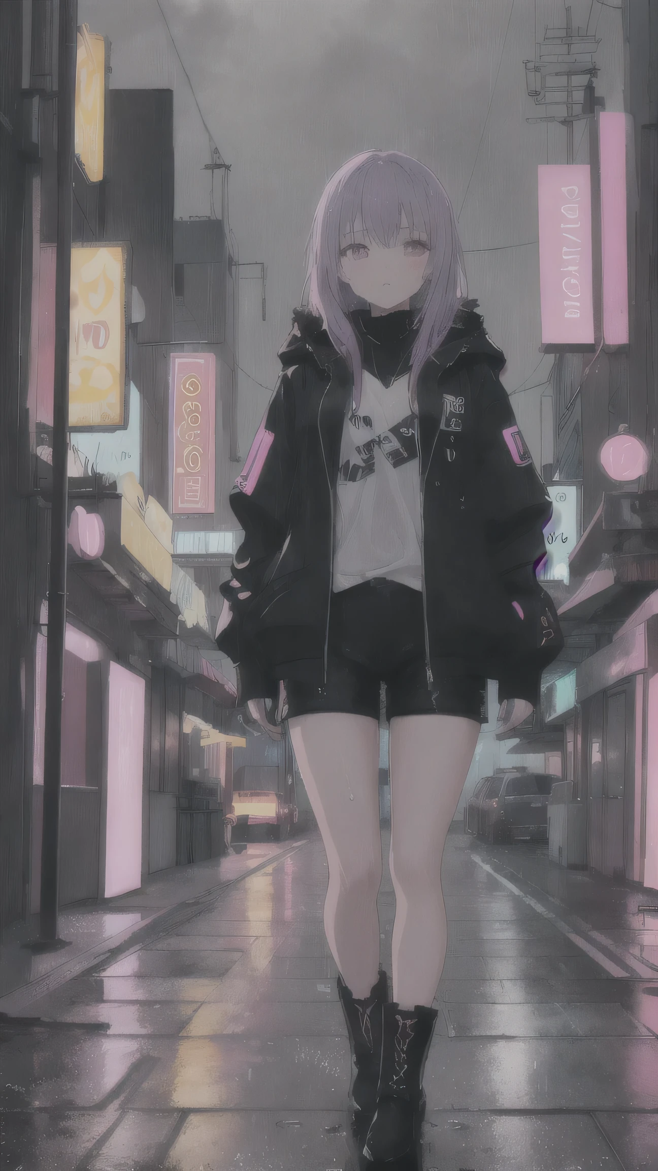 Masterpiece, Best Quality, Top Quality, Very Detailed, 1 girl, A cyberpunk-style female character with long, wet purple hair, standing under neon signs in a futuristic city. She wears a black jacket with glowing neon pink accents, black shorts, and stylish combat boots. Raindrops glisten on her skin as she gazes with a determined yet mysterious expression. The background is a rainy night cityscape with soft neon reflections on the wet pavement, adding a dreamy and atmospheric effect. Ultra-detailed, cinematic lighting, anime-style, high contrast.