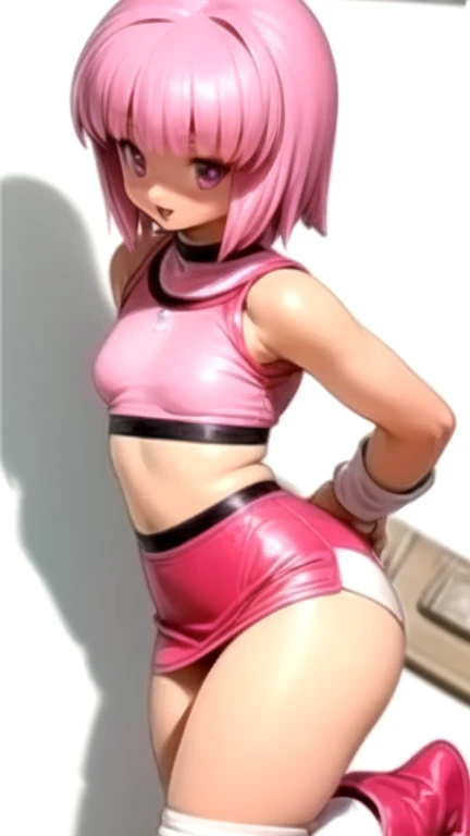 Bra (Bulla) Dragon Ball, cabelos agua, olhos agua, batom rosa, red tiara on the head, roupa saiyajin pink e black da red ribom de dbz, gesto de carregando ki, rosto lindo, mulher saiyajin com roupas de dragon ball z, black shorts with pink tights, luvas black com dedos de fora, ombreiras black, visor saiyajin pink no olho esquerdo