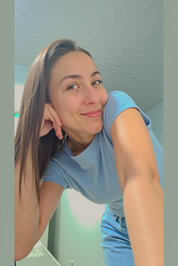 1 young 27 years ((upper body selfie, smiling)), masterpiece, best quality, ultra-detailed, restaurant, (noirte), nature, cheerful, happy, backpack, light blue closed-sleeve shirt, shadows, contrast, clear sky, style, (warm hue, warm tone: 1.2), close-up, cinematic light, side lighting, ultra high resolution, best shadow, RAW, body face part, serious look, normal breasts, 4k,