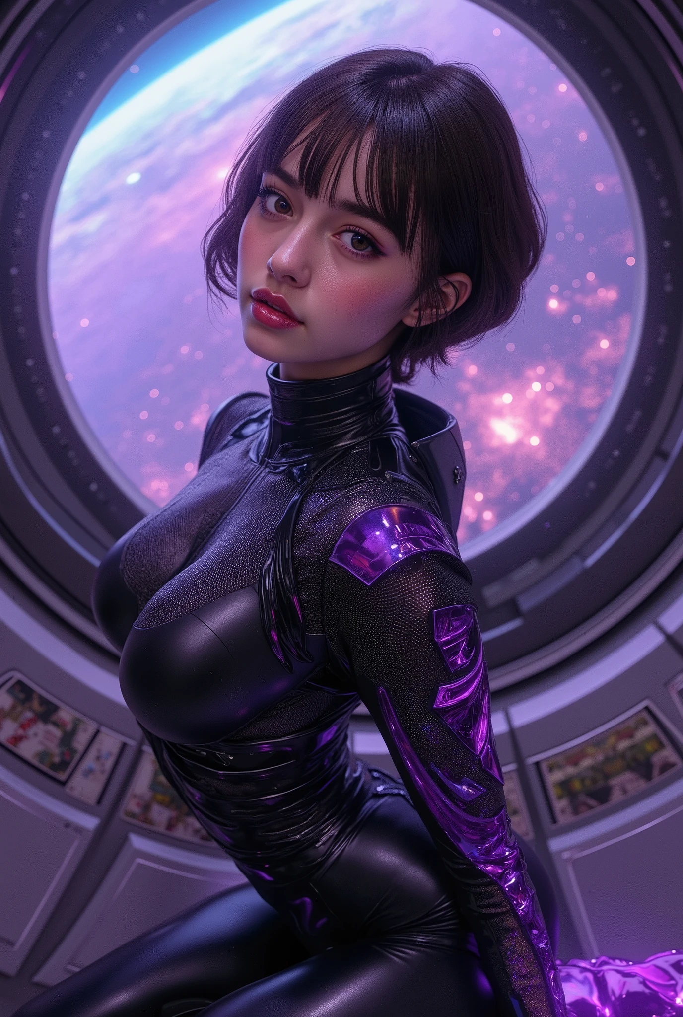 ((top quality)), (Masterpiece)), ( Details: 1.4), 3d, An absurd resolution, high definition, (Masterpiece: 1.4), ultra detail , 1 beautiful ,Mexican girl, image of the futuristic woman, Shiny brown short hair, beautiful iridescent eyes, beautiful faces, 20 years old, seductive smiling, Spaceship, floating, small, matte black and purple Space Suit, Spaceship, window, future, dynamic poses, Costume Change