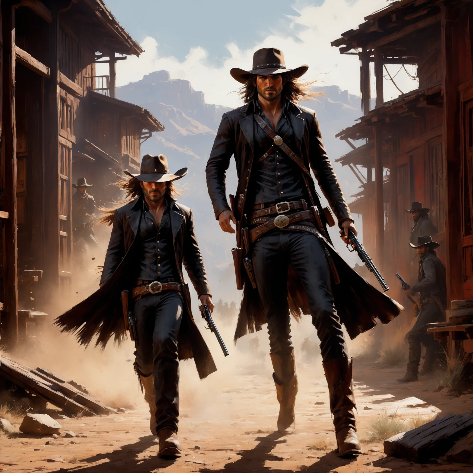 there is a man in a hat and trench coat , in a post apocalyptic setting, cyberpunk wild west, post - apocalyptic cowboy, post apocalyptic explorer, post apocalyptic style, cyberpunk style outfit, post apocalyptic, cinematic full body shot, post apocalyptic attire, cyberpunk , western cyberpunk