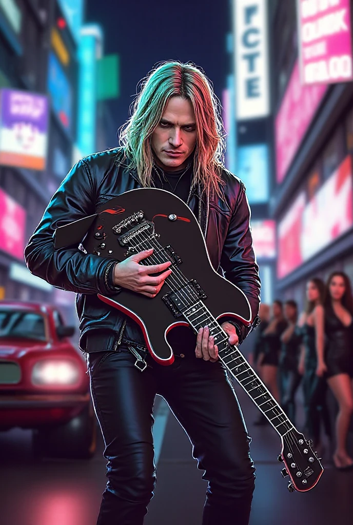 The rock guitarist arrives in a red Ford Mustang model 69 to the futuristic city dressed in a leather jacket and with sexy women waiting for him