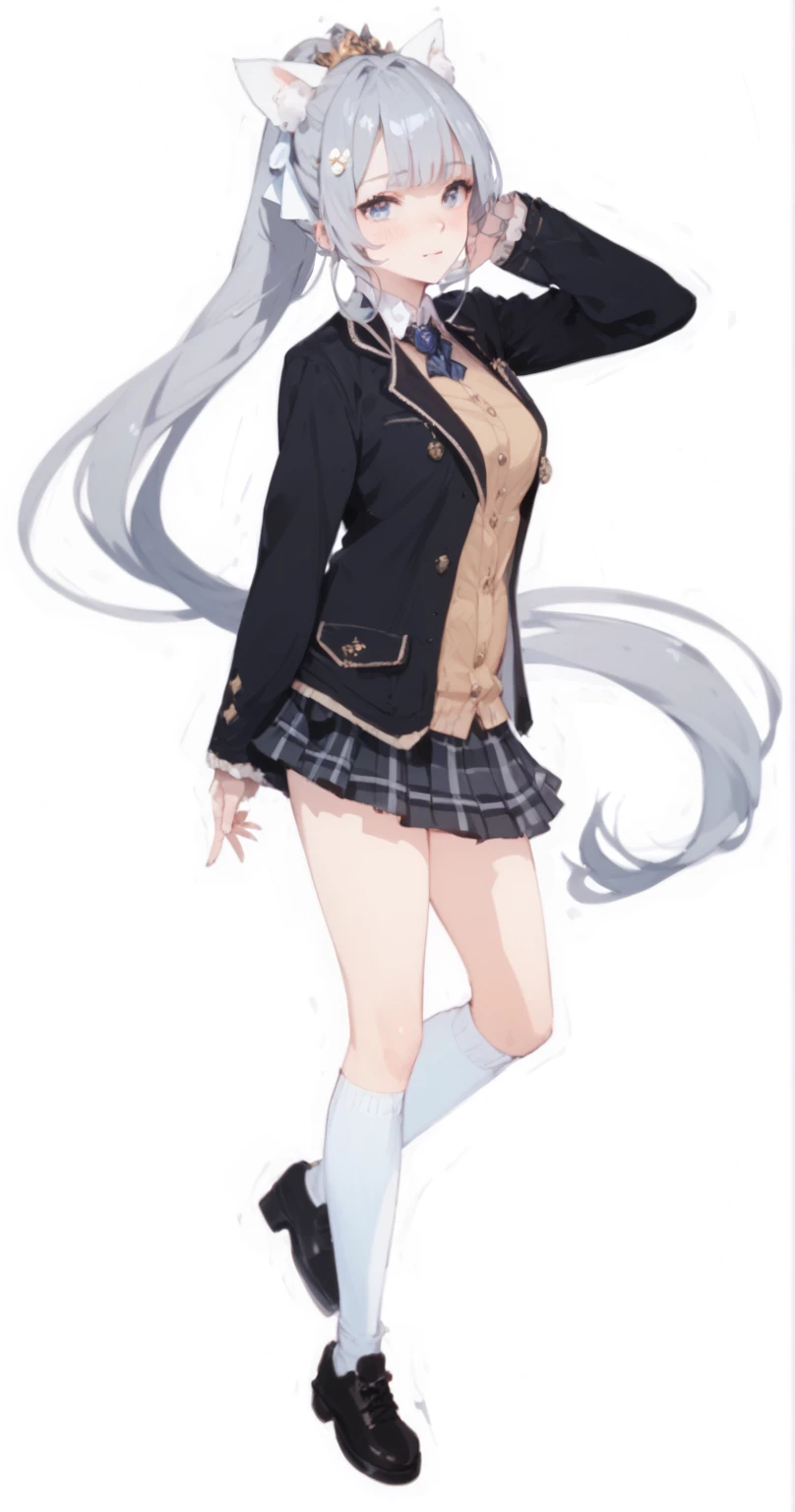 ((masterpiece,best quality, detailed)), ultra-detailed, detailed hair, hard rim lighting,((dramatic lighting)),sharp focus,1girl,kisaragi_tomi, solo, school uniform, skirt, white pantyhose, serafuku, simple background, full body