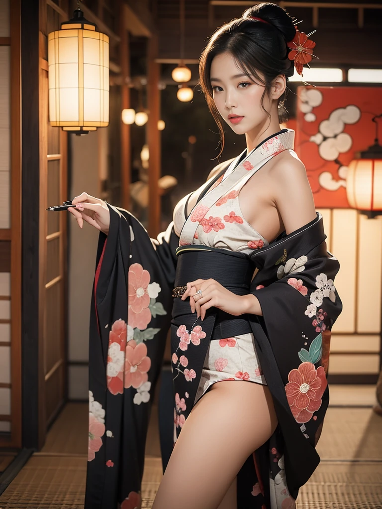 (Very sexy girl wearing sexy ukiyo-e kimono:1.3), lightweight underwear, transparently, black头发颜色头发,, black stockings, lift your butt,Front camera,black, ring, 4K, HD,looking at camera, almost perfect, dynamic, The content is very detailed., brown, Sharp focus,Glowing skin,Camel toe showing thighs!!!、
