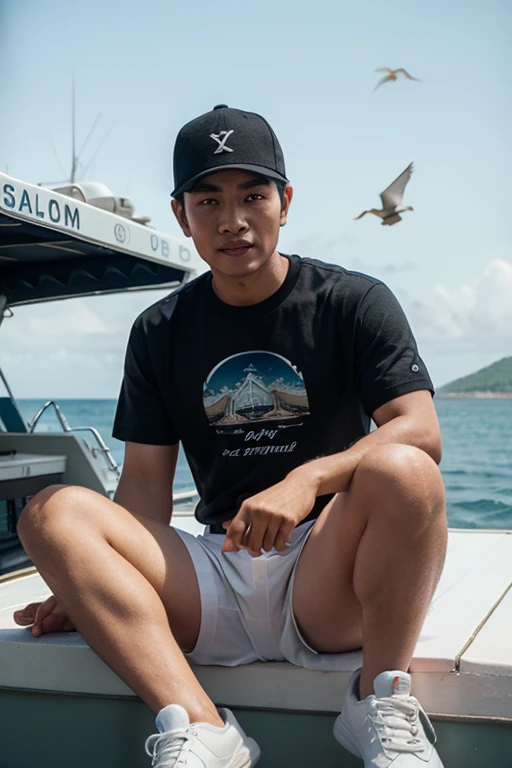 Kai a young boy who loved to sail on his boat on an island, Kai was drowning, 4k realistic imagery, blue scenery like a movie scene, old american setting, inspired by blade runner movie scene, blue tone, 9:16 aspect ratio