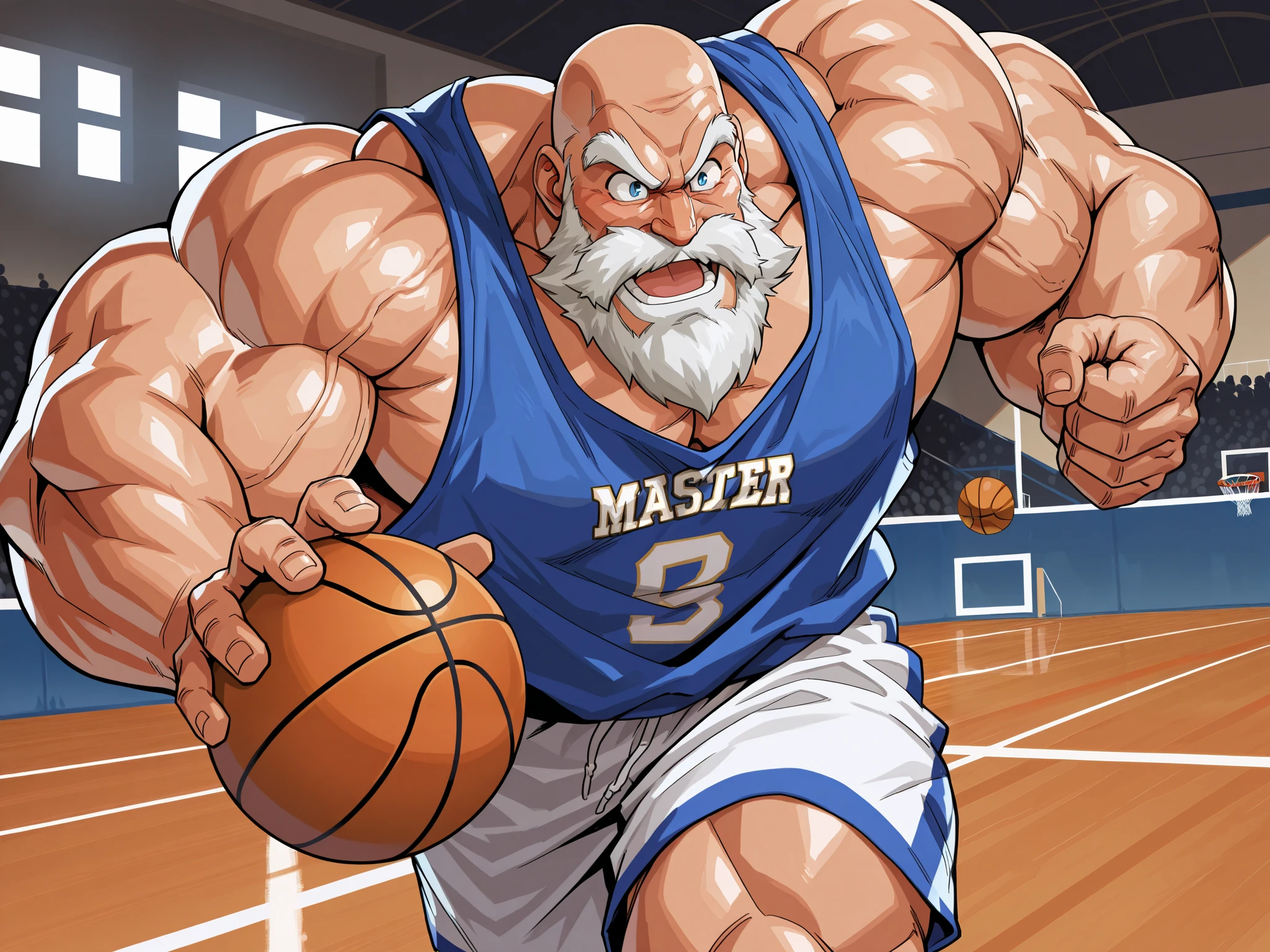 solo, huge muscular old man, master roshi, happy, side chest, Stand slightly sideways, side angel, shirtless, very huge pectoral, shorts, basketball, running, playing basketball, dribble ball,, jersey, basketball fields, playing basketball, detailed face:1.3, eyes, wide shoulder, thick arms, wide pectoral, muscle, short hair:1.2, masterpiece, semirealistic:1.2, high detailed, 8k, high resolution