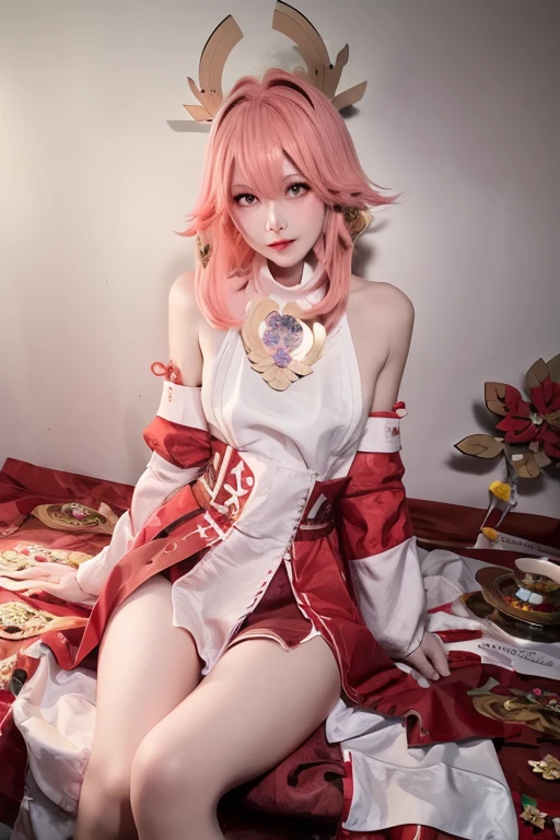 <lora:miko-000014:0.75>,(miko_genshin:1.15), 1 girl, solo,(realisic:1.1) (smile),(lying on the bed:1.2),(full body), (smile),(looking at viewer:1.1), japanese red and white dress, long sleeves, bare shoulders, bare legs, medium breasts, long sleeves, an ornament on the chest,indoors,bedroom,potted flowers,(from above:1.1),<lora:koreanDollLikeness_v15:0.2>, <lora:japaneseDollLikeness_v10:0.2> ,<lora:taiwanDollLikeness_v10:0.2> ,<lora:fashionGirl_v50:0.4>