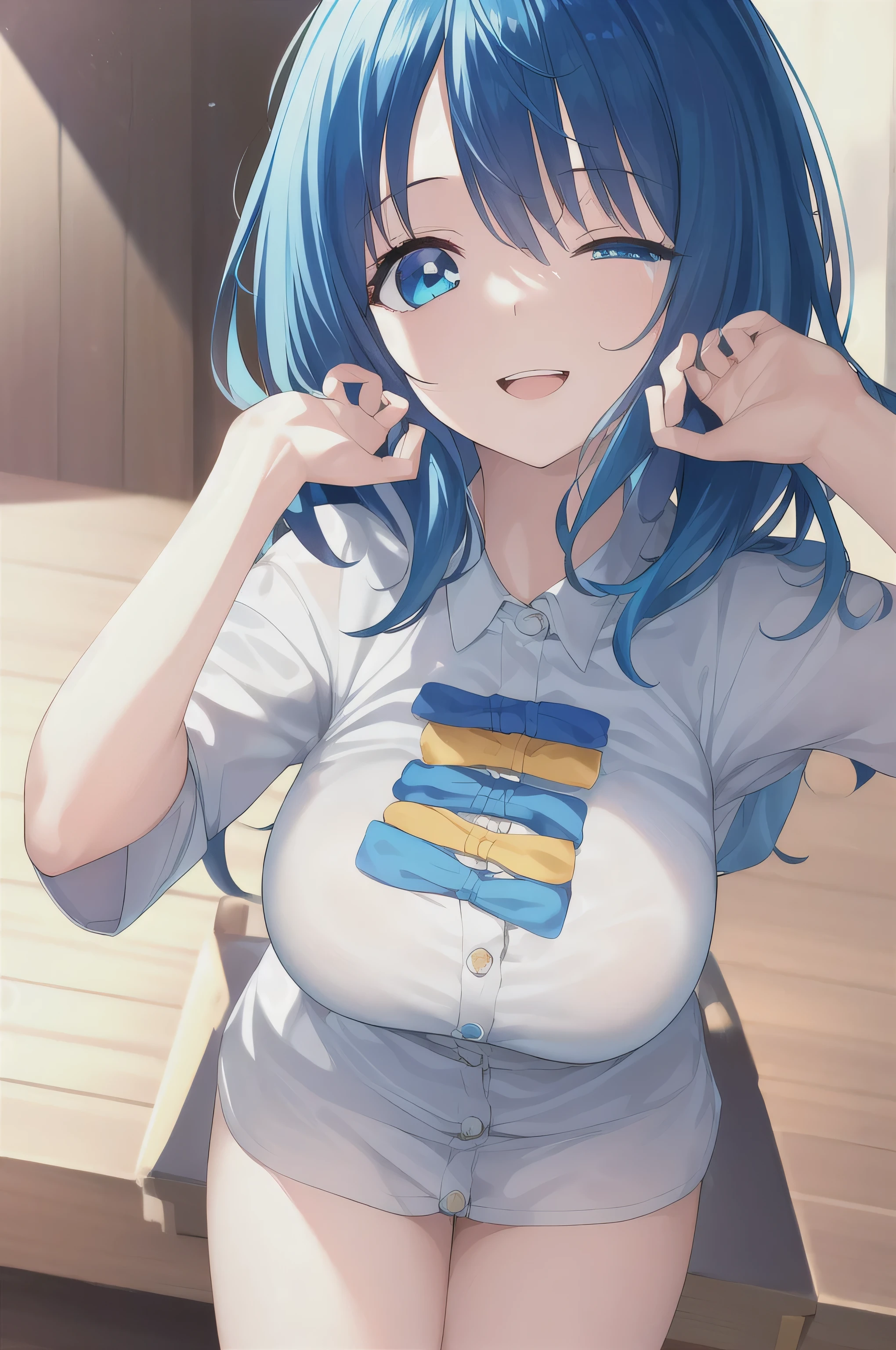 Blue Hair, long hair,( blue eyes:1.5), (大Chest:1.2),
Take a break in a short dress , black连衣裙 , white shirt, Seto Fuku,Low-cut,Cardigan,close your eyes, black,Cleavage Rest, watching the audience ,nipple,Chest, Unclasp the clothes ,Staff,Smiling,open your mouth,微Smiling,
Indoor rest , class ( masterpiece:1.2), is of the highest quality, HIGH RESOLUTION, unity 8k壁纸, (illustration:0.8), ( beautiful and detailed eyes :1.6), face Very detailed , perfect lighting, extremely detailed CG, (perfect hands, Perfect Anatomy ),