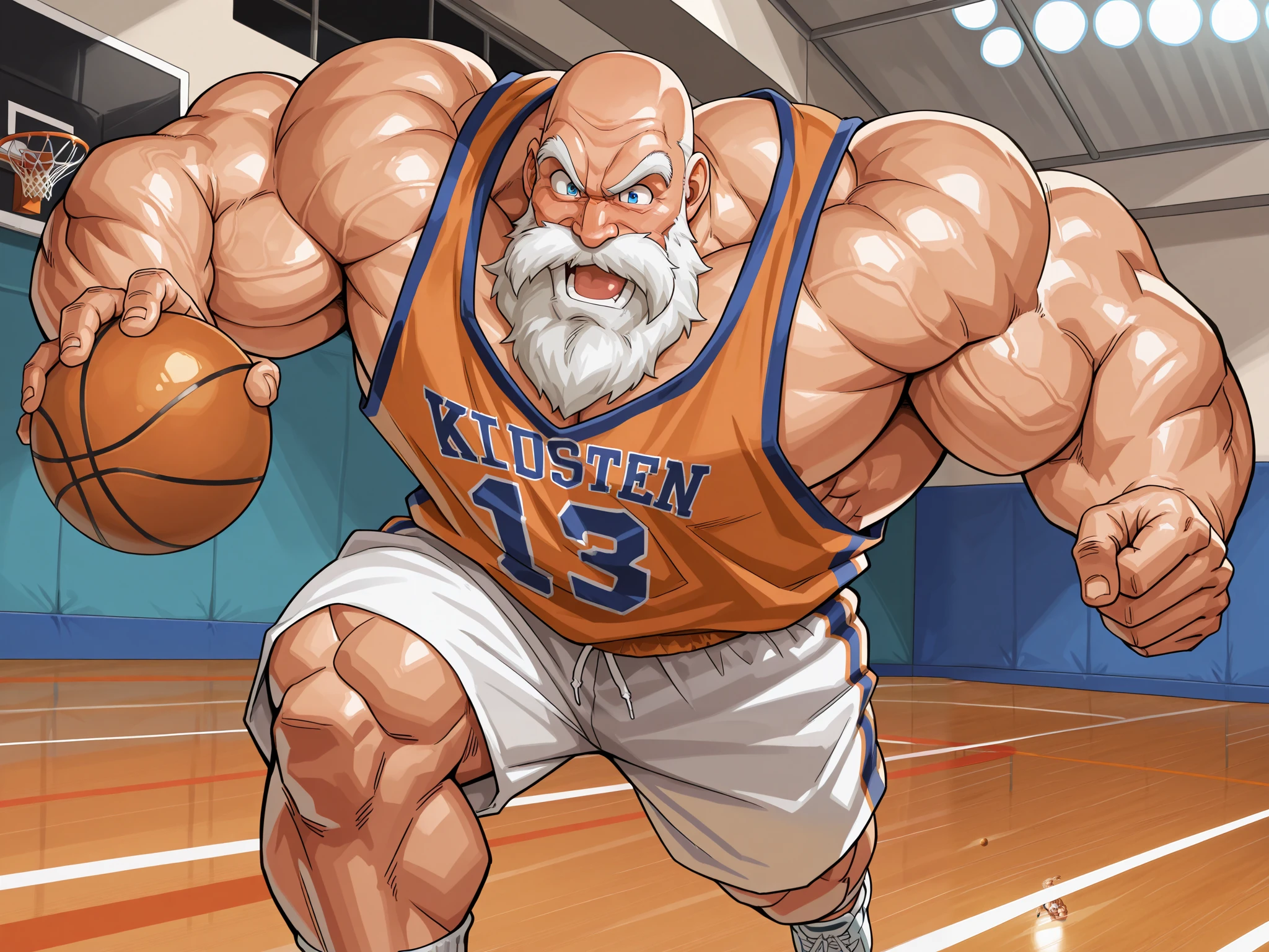 solo, huge muscular old man, master roshi, happy, side chest, Stand slightly sideways, side angel, shirtless, very huge pectoral, shorts, basketball, running, playing basketball, dribble ball,, jersey, basketball fields, playing basketball, detailed face:1.3, eyes, wide shoulder, thick arms, wide pectoral, muscle, short hair:1.2, masterpiece, semirealistic:1.2, high detailed, 8k, high resolution
