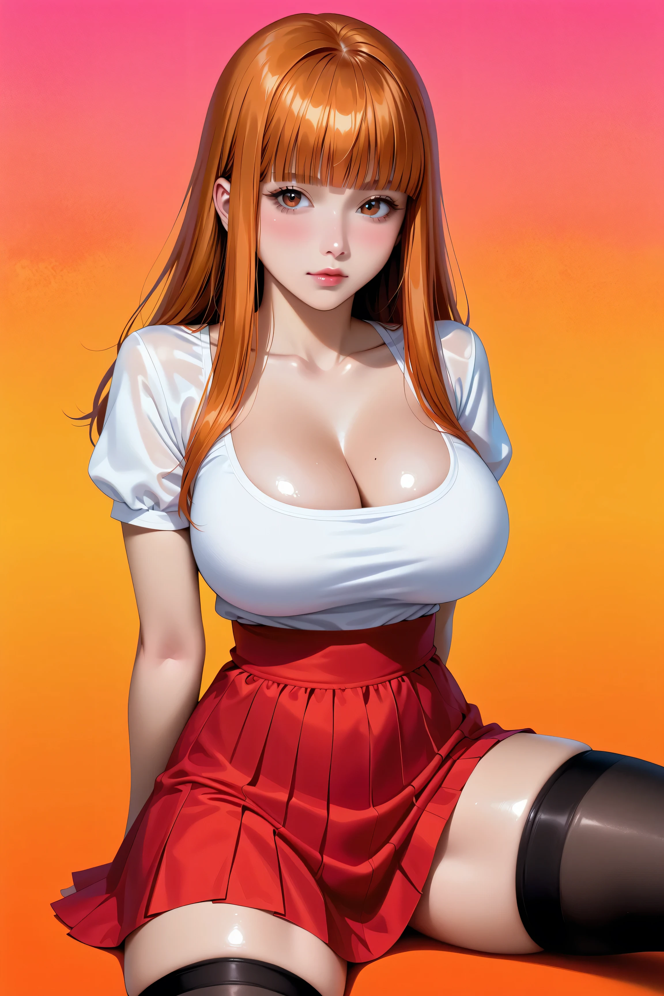 (masterpiece: 1.2, best quality), realistic, (real image, intricate details, depth of field), (1girl, solo), makeup, parted lips, highly detailed, perfect face, (huge breasts: 1.4), ( skindentation), thick thighs, wide hips, slim waist, tall, bright coral lips, red hair, red eyes, white casual wear, Akihabara Street, sitting in a cafe, suitcase, NSFW