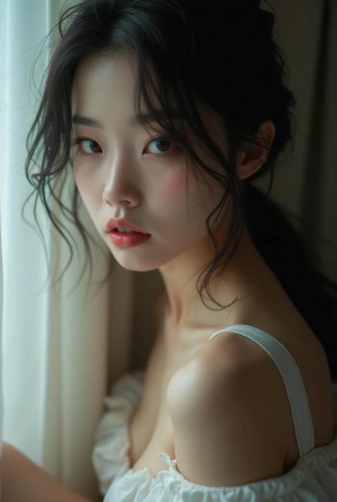 dark studio, two tone lighting,, arurinh,, CRU photo, (highly detailed skin:1.2), 8k hd, dslr, soft lighting, high qualiy, film grain, Fujifilm XT3, , , , (32 mil, best qualityer, work of art:1.2), (realisitic, photo-realisitic:1.37), ultra detali, 1 girl, alpha layers, standing alone, beautiful detailed eyes, floating hair NovaFrogStyle, cute face, , , bokeh, (face detailed:1.2), (kawaii), ulzzang-6500-v1.1:0.1
